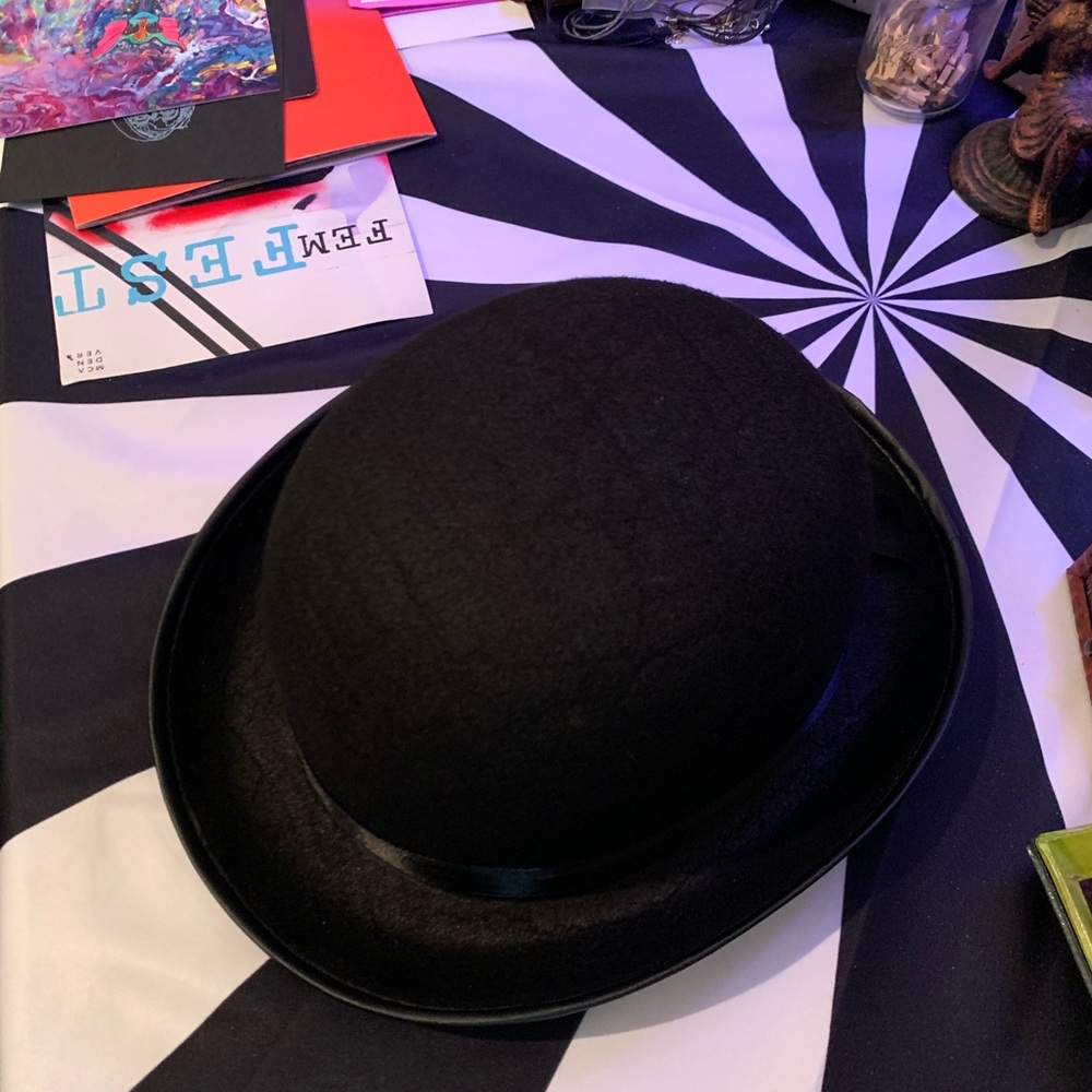 Burlesque Bowler Derby Hat, Classic Structured Hard Felt Black Ribbon